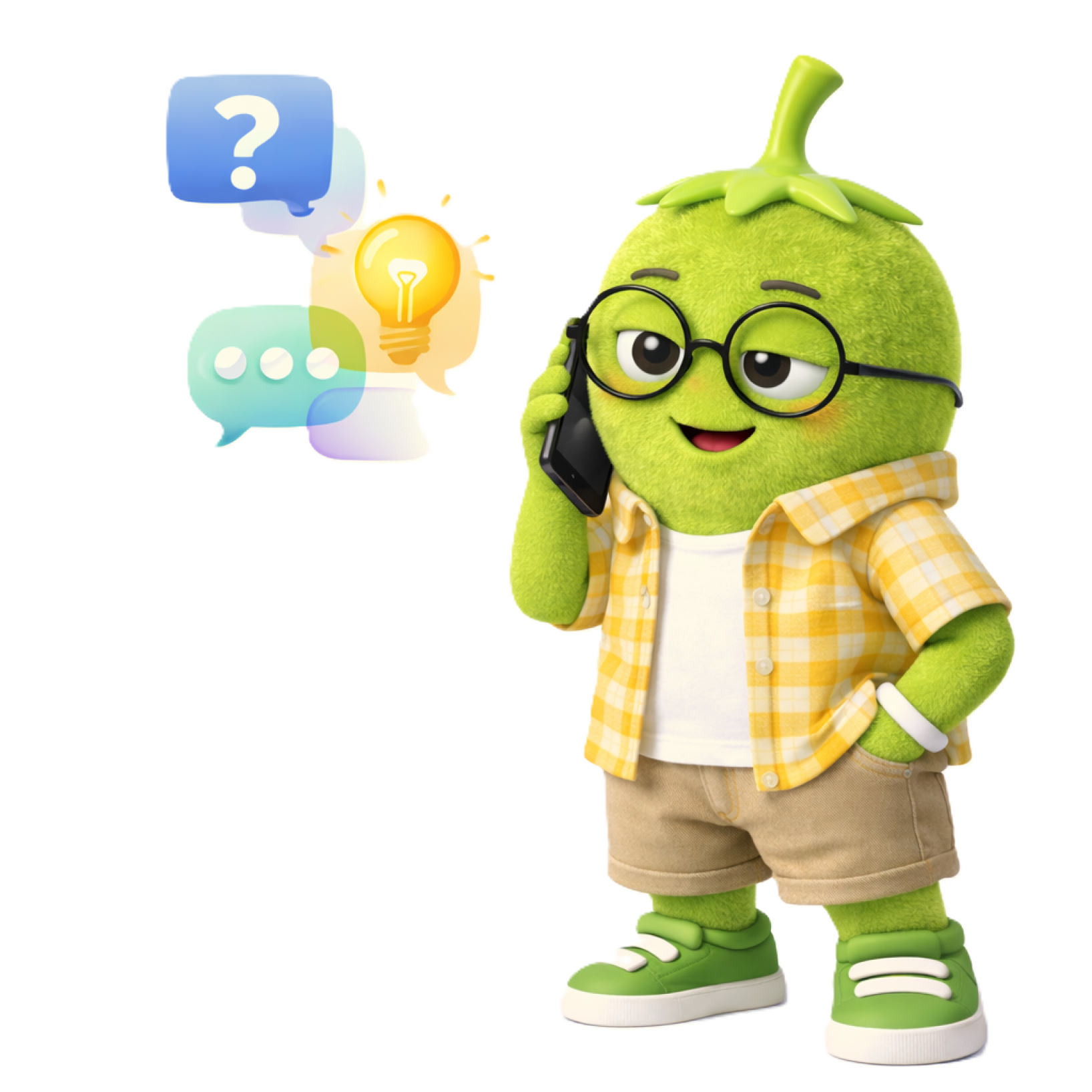 OLI character listening with speech bubbles and icons