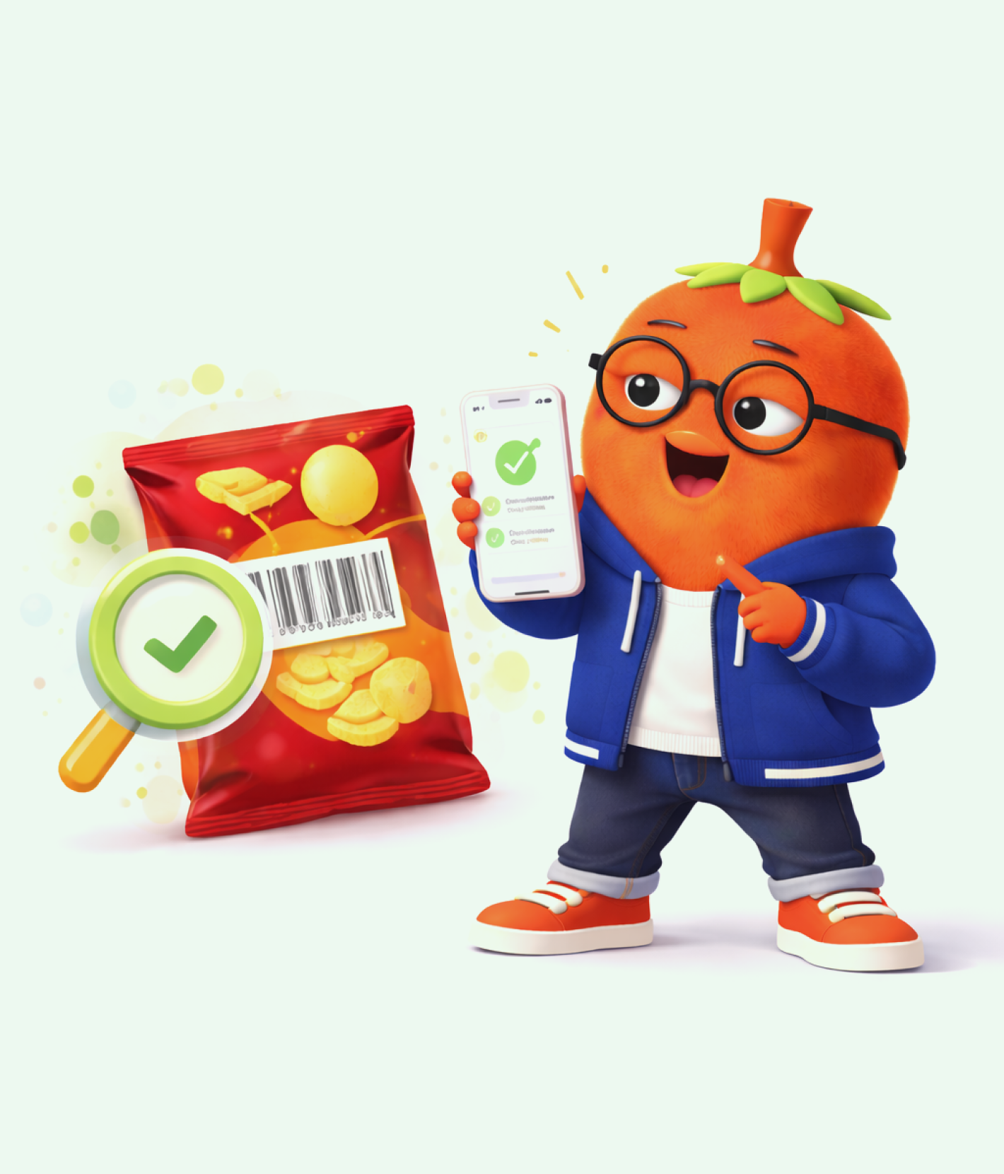 Green character with backpack examining nutrition label with magnifying glass