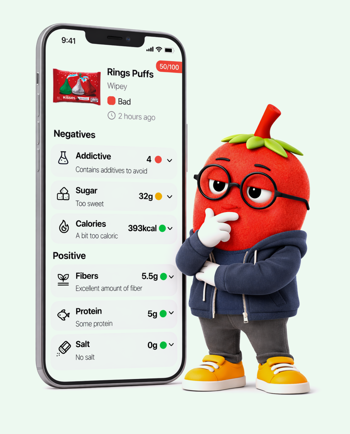 OLI reads stories section - character with magnifying glass analyzing food labels